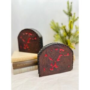 Vintage Hand Tooled Leather Floral Bookends Brown Red Whipstitch Western Decor